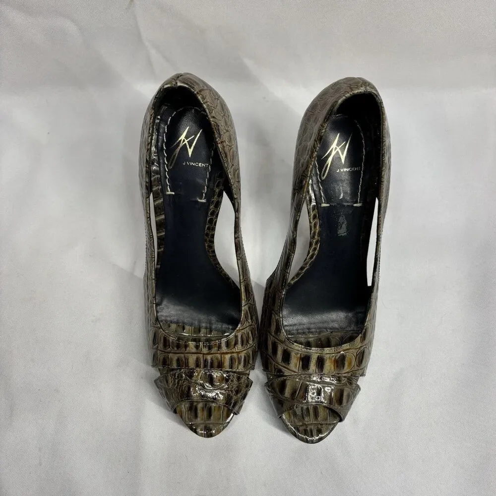 J Vincent Croc Embossed Leather Peep Toe High Heel Pumps Brown 8.5M Brazil